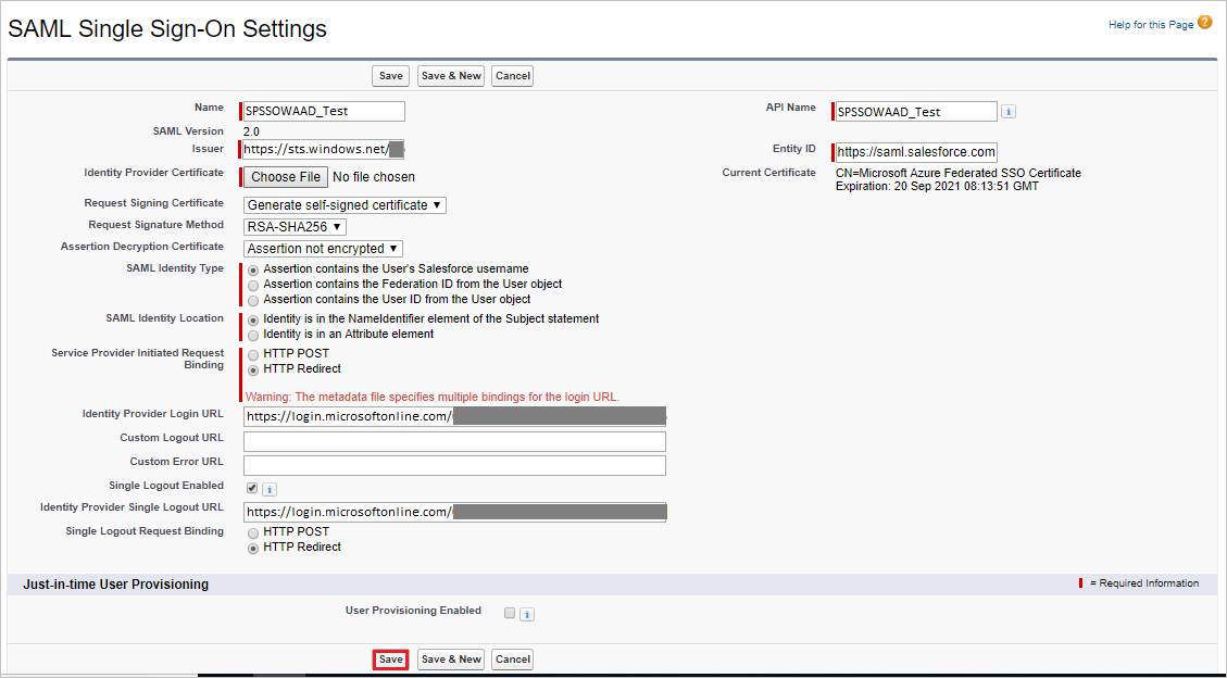 Screenshot that shows the "Single Sign-On Settings" page with fields populated, an example name in the "Name" textbox, and the "Save" button selected.