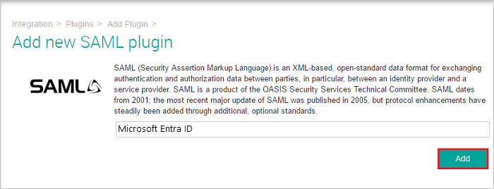 Screenshot shows the Add new SAML plugin dialog box with Microsoft Entra ID entered.