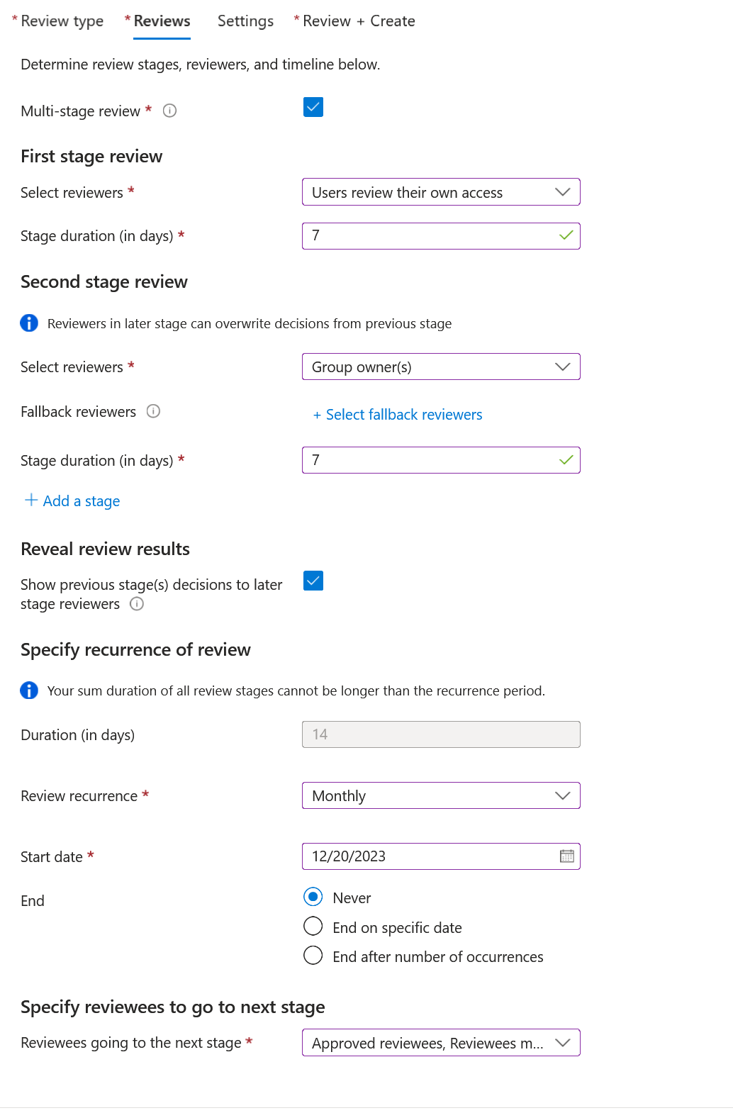 Screenshot shows the first stage review for multi-stage review for guests to self-attest continued access.