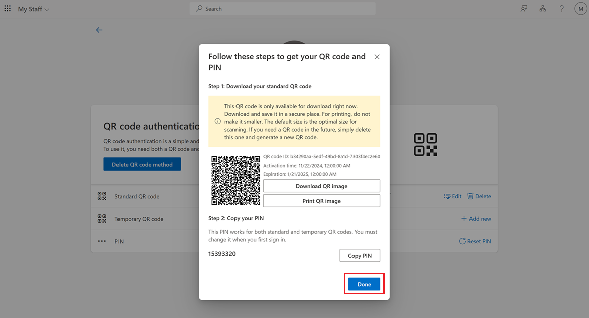 Screenshot that shows a QR code authentication method after an administrator adds it.