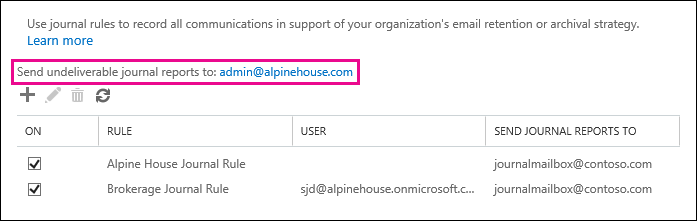 Select an alternative journaling mailbox to receive NDRs for undeliverable journal reports.