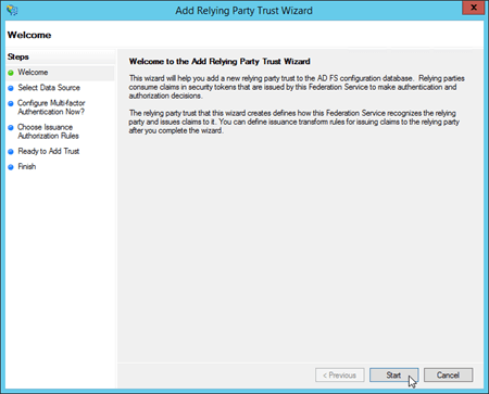 The Welcome page in the Add Relying Party Trust Wizard.