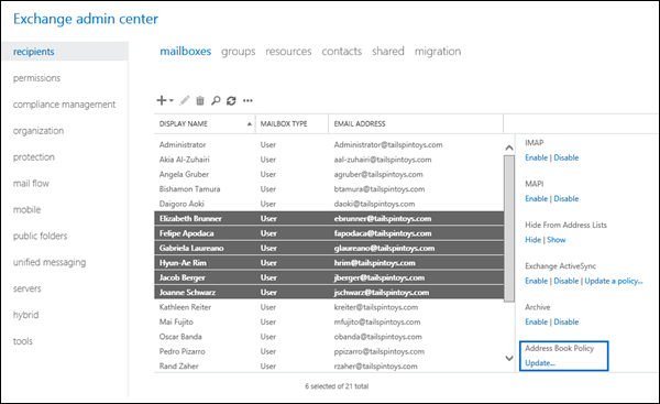 Bulk select mailboxes in the EAC to assign an address book policy.