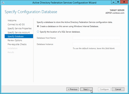 The Specify Configuration Database page in the Active Directory Federation Services Configuration Wizard.