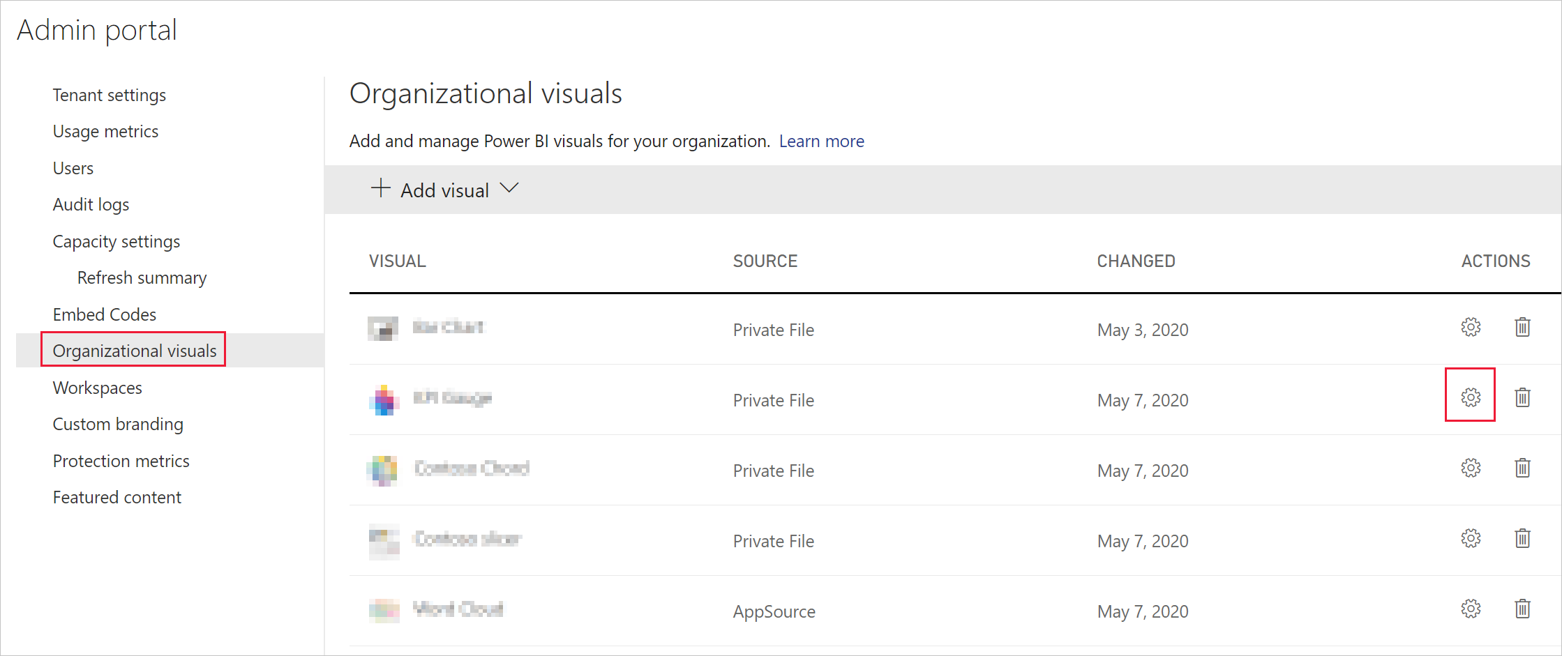 Näyttökuva, jossa näkyy organisaation visualisointivalikko Power BI -järjestelmänvalvojan asetuksissa. Lisää visualisointi -vaihtoehto on laajennettu. Sovelluksen lähde -vaihtoehto on valittuna ja näkyviin tulee luettelo sovelluslähteen visualisoinneista.