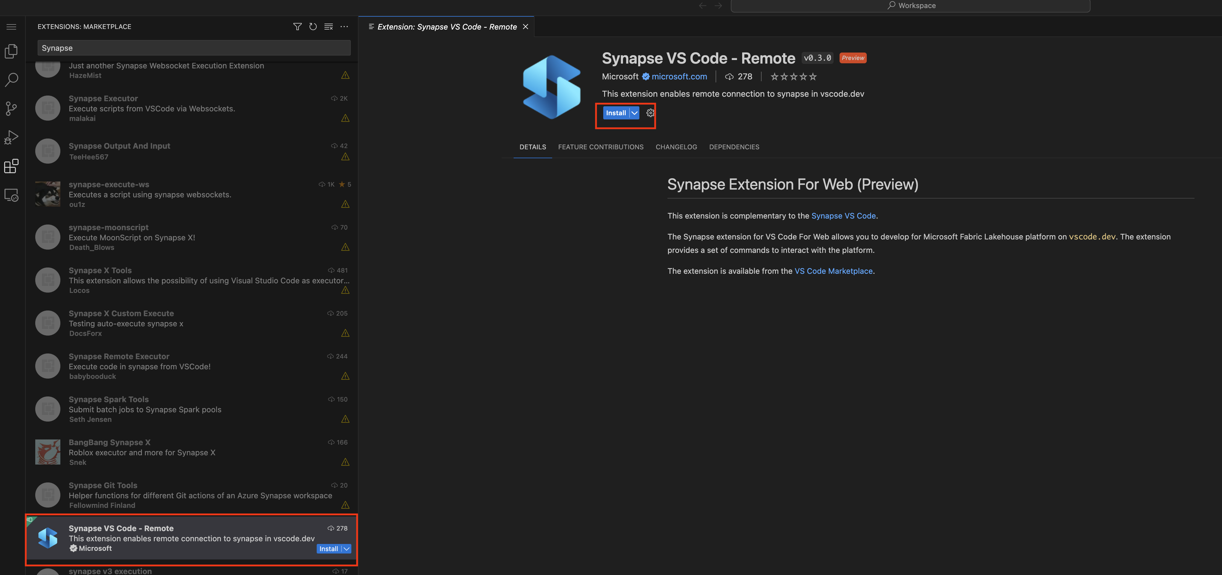 Näyttökuvassa näkyy Synapse VS Code -laajennuksen verkon asennus.