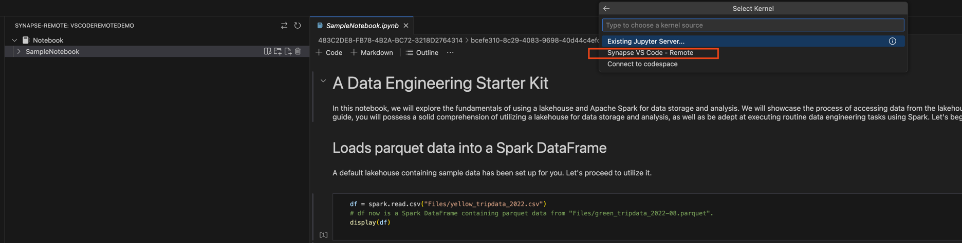 Näyttökuva, jossa näytetään, miten muistikirja suoritetaan VS Code for the Webissä.