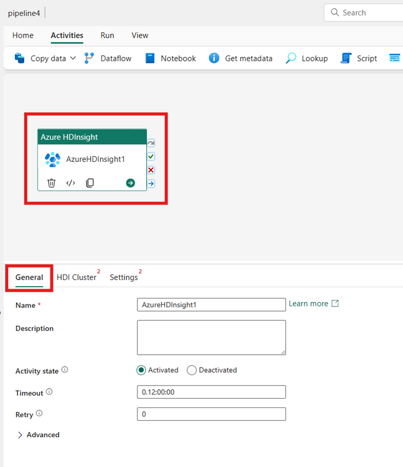 Näyttökuva, jossa näkyy Azure HDInsight -toiminto putkieditorin pohjalla.