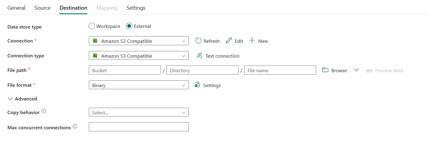 Screenshot showing destination tab and the list of properties.