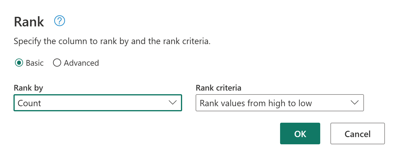 Näyttökuva Rank-ikkunasta, jossa näkyvät kaikki oletusasetukset.