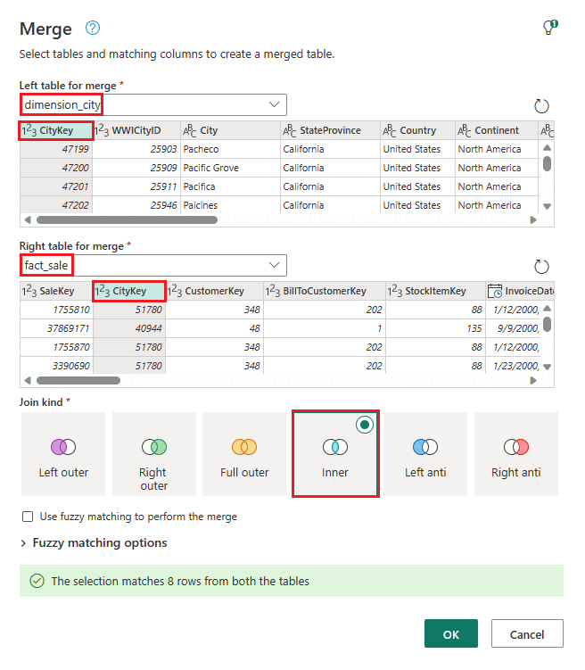 Yhdistä-valintaikkunan näyttökuva, joka näyttää, mistä taulukoiden nimet ja Kaupunkiavain-kentät löytyvät.