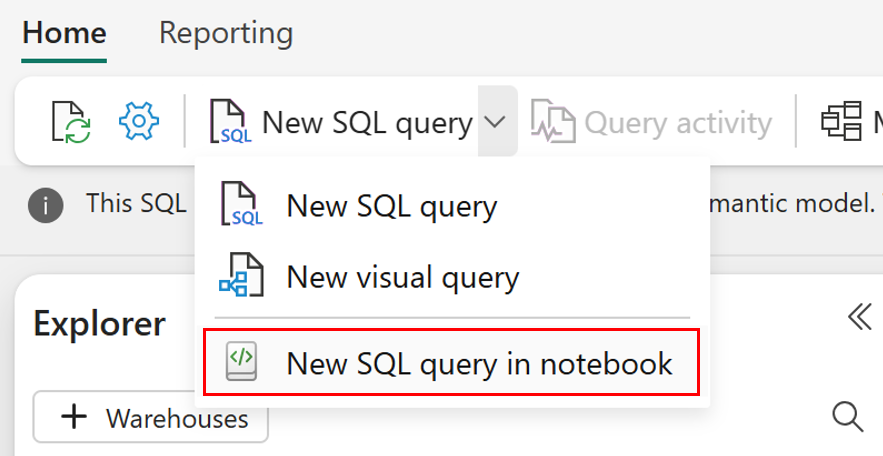 Näyttökuva Fabric-portaalin SQL-kyselyeditorista, jossa näkyy avattava Uusi SQL-kysely -luettelo.