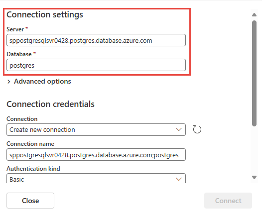 Näyttökuvassa näkyy Azure PostgreSQL -tietokantaliittimen Yhteysasetukset-osio.