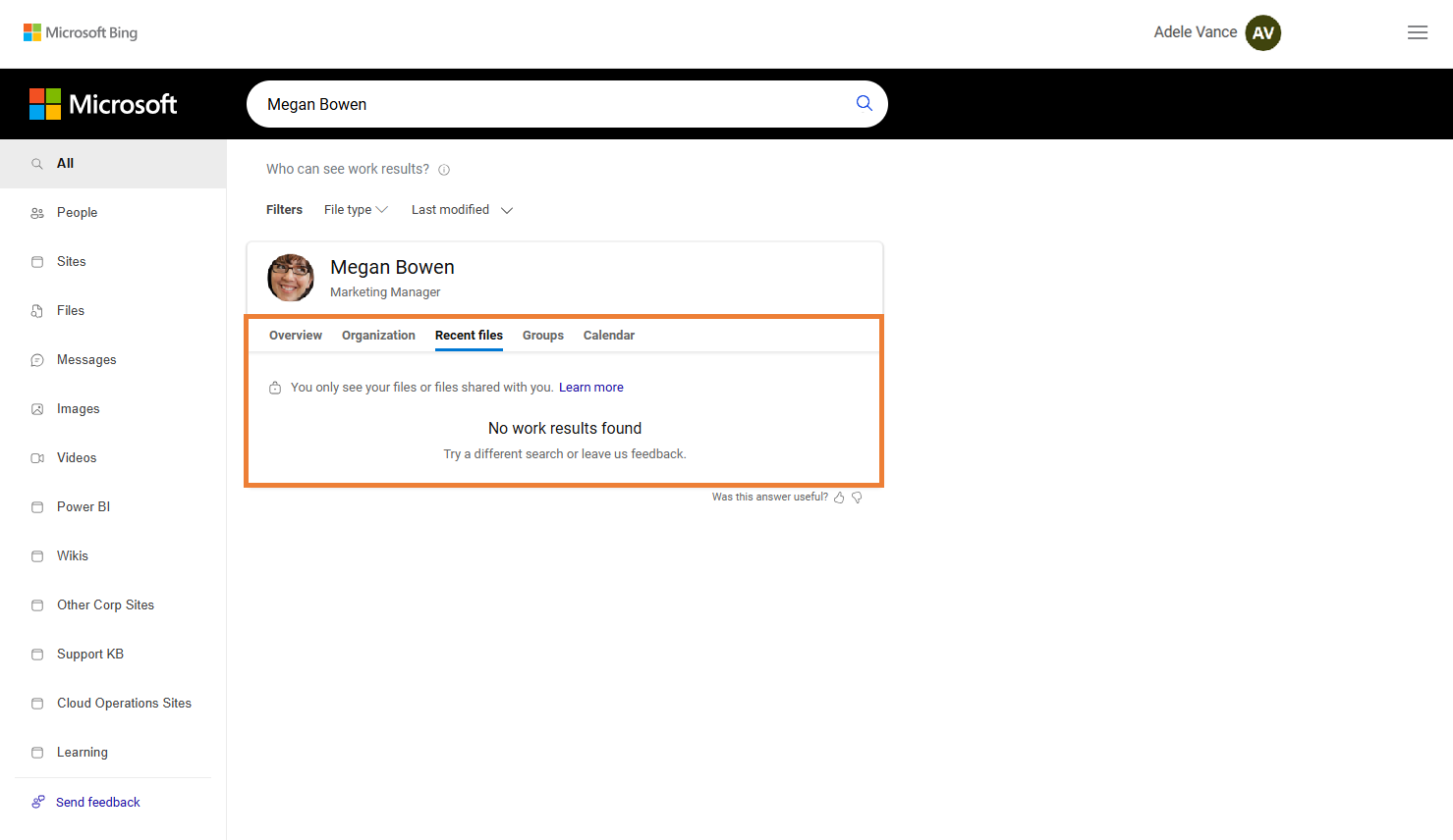 Adele’s Bing query results for "Megan Bowen" when Megan has Insights disabled, highlighting no work results found for recent files.