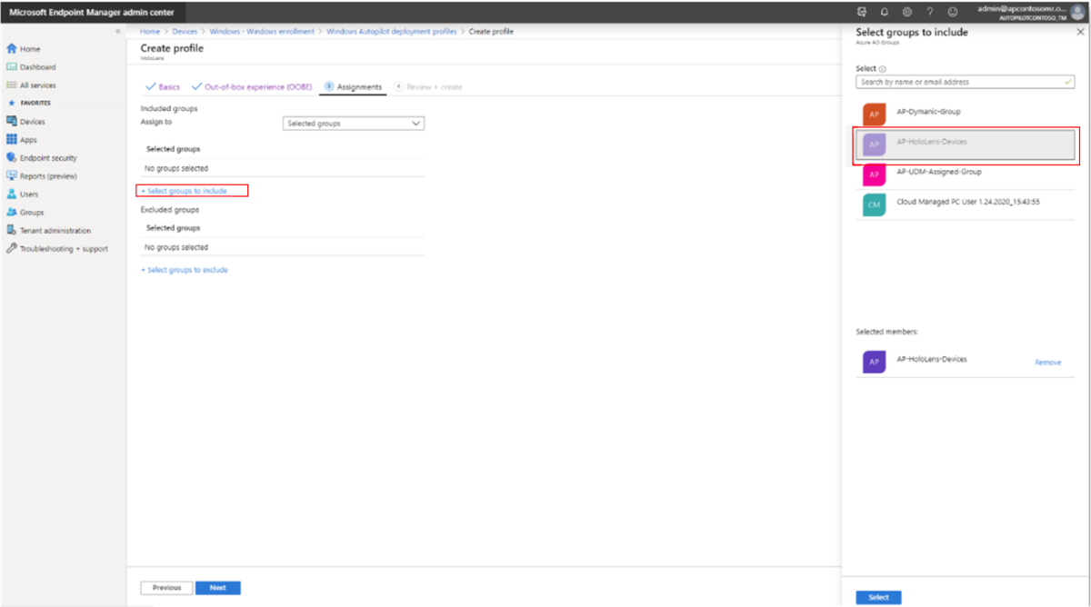 Assigning a device group to the profile.