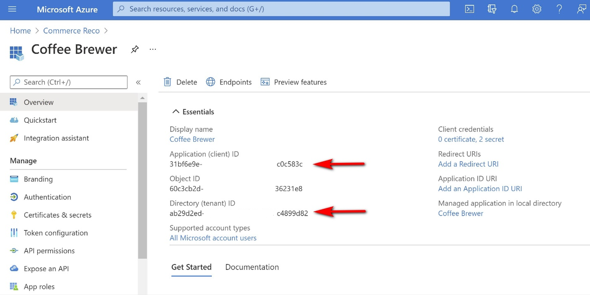 Locate the client ID and the tenant ID from the application properties of your Microsoft Entra ID application.