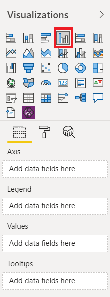 Screenshot that shows a clustered column chart selected in the Visualization pane of Edit mode and its capabilities.