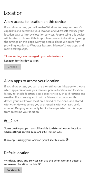 Location settings in Windows settings.