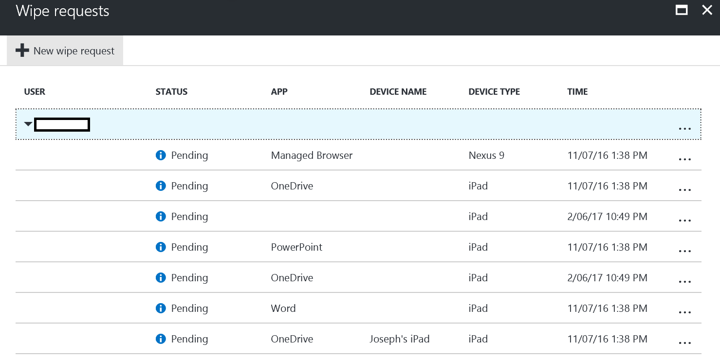 Screenshot of the wipe request status in the App selective wipe pane.