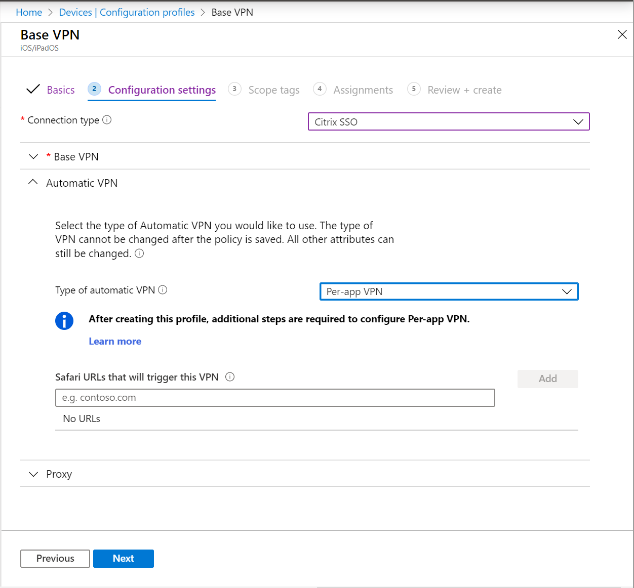 Screenshot that shows the Automatic VPN set to per-app VPN on iOS/iPadOS devices in Microsoft Intune.