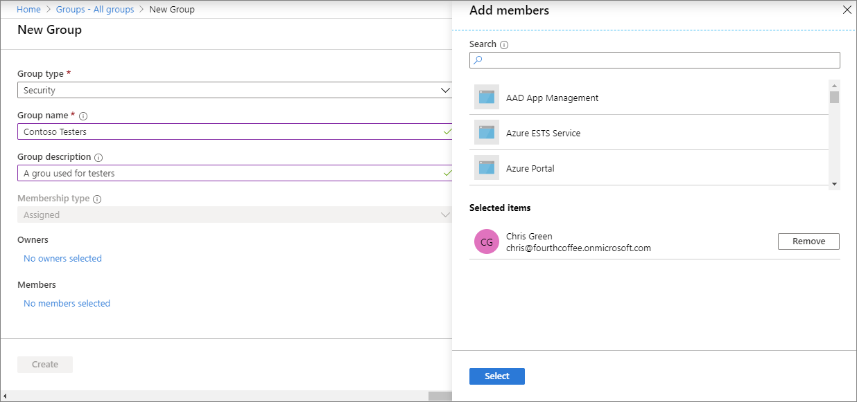 Screenshot of creating a group in Microsoft Intune