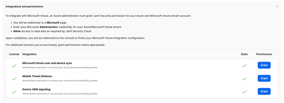 Screen shot of the integrations and permissions for Jamf.