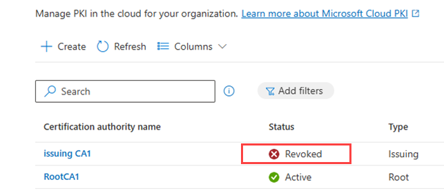 Example screenshot of the CA list, highlighting the revoked status.