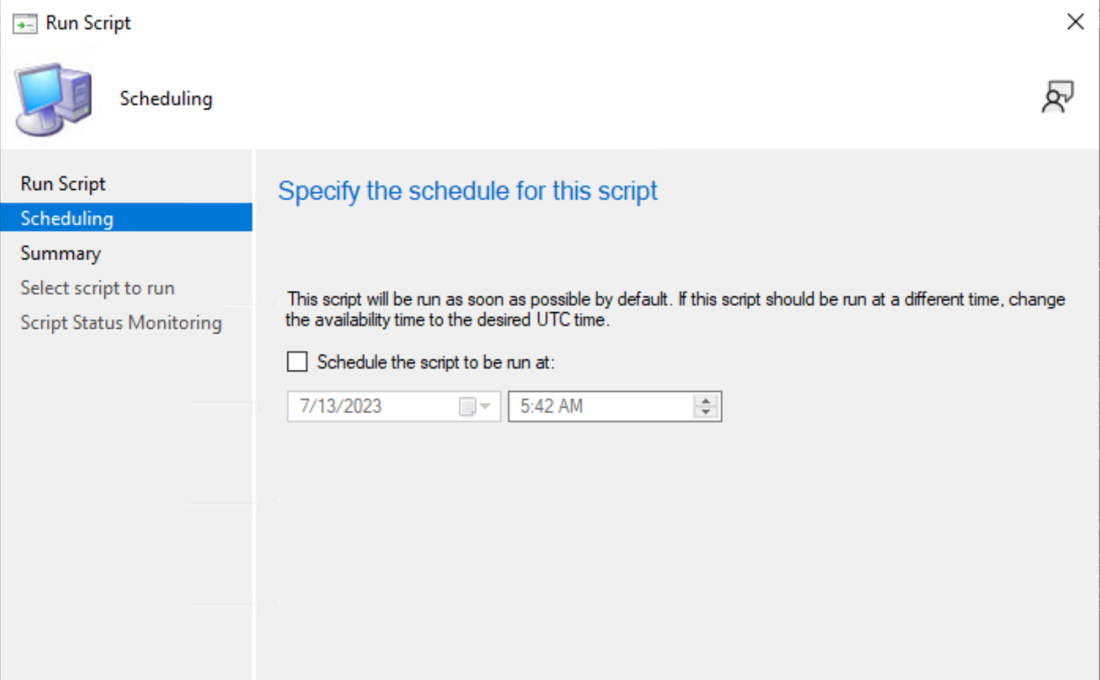 A screenshot of the schedule script wizard.