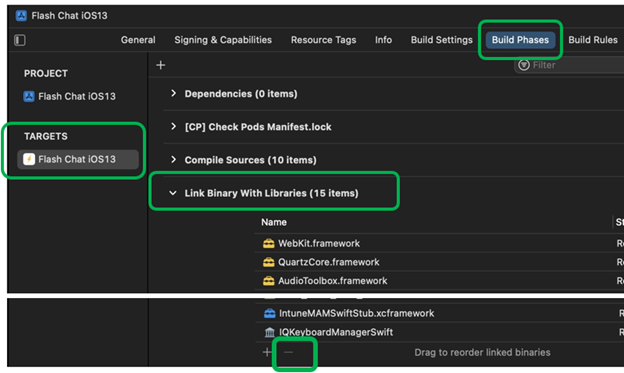 Screenshot that shows how to remove frameworks in Link Binary with Libraries in Xcode on a macOS device.