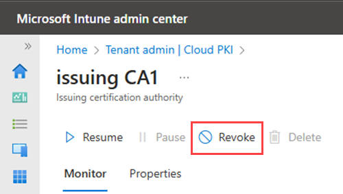 Example screenshot highlighting the Revoke action for the CA.