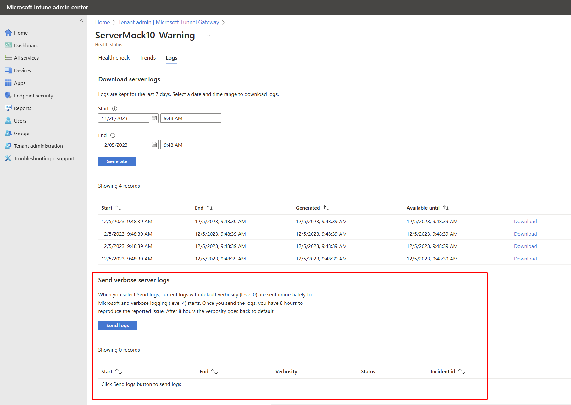 Screen capture that shows the Send verbose server logs interface.