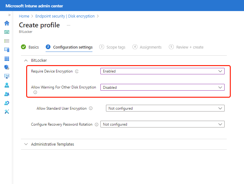 Two BitLocker settings required to enable silent encryption.