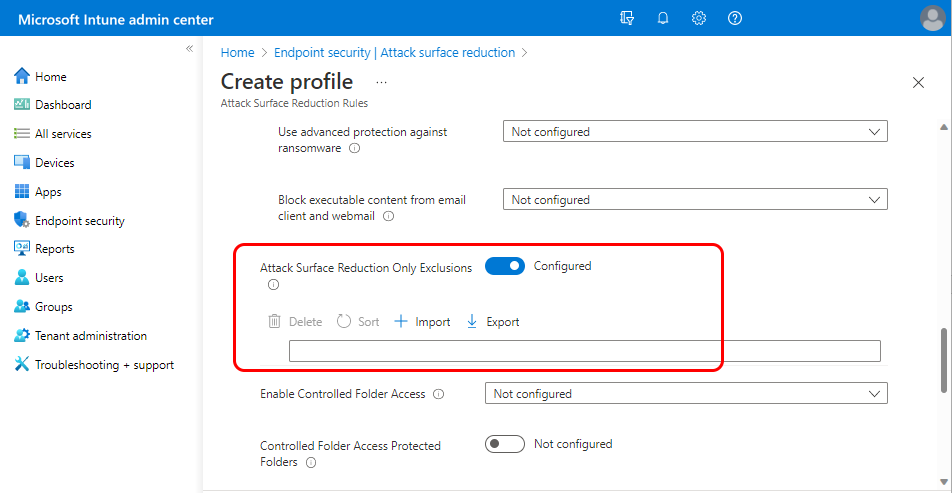 Screen capture of the Attack Surface Reduction Only Exclusions setting.