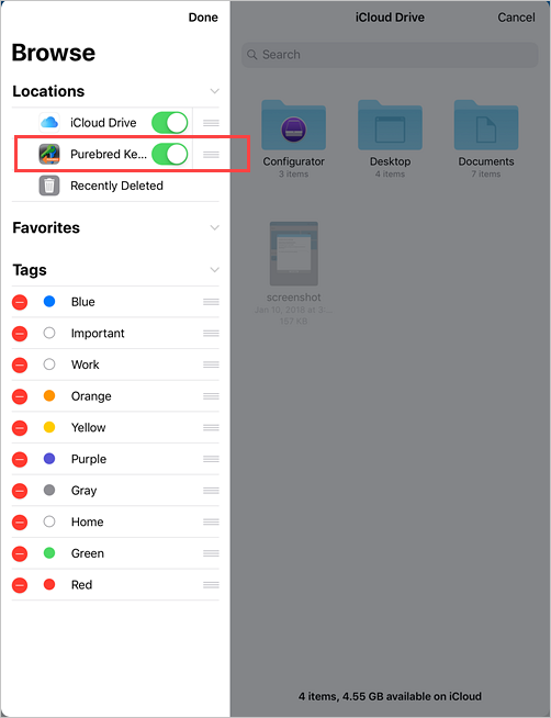 Example screenshot of iCloud Drive, Browse view, highlighting that the Purebred Key Chain switch is enabled.