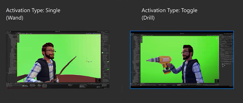 Screen shots of avatars holding the Wand, which is the single equippable activation type, and the Drill, which is the toggle equippable activation type.