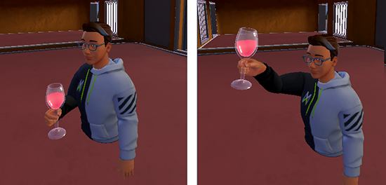 Screen shots of an avatar holding a Wineglass in the default position and raising it in a toast.