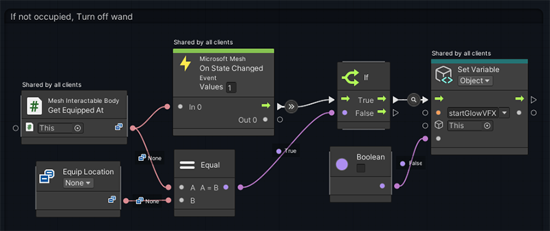 A screen shot of the get equipped at node with a value of none after the Wand has been dropped.