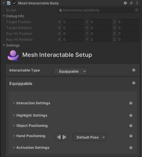 A screen shot of the Mesh Interactable Body component.