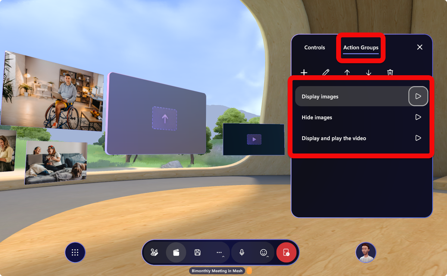 Screenshot of the control panel in Mesh experience with Action Groups tab selected. Several actions are highlighted such as display images.