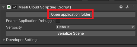 Screenshot of Open application folder button in Unity.