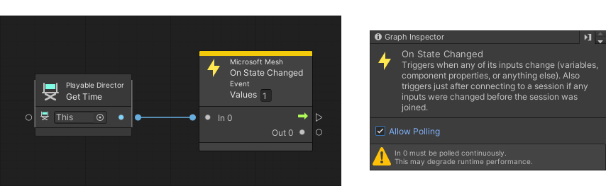 Screen shots of the On State Changed event node connecting to the result of comparing a Get Variable node to an integer literal, allow polling.