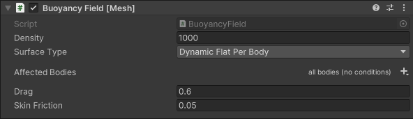 Screen shot of the Buoyancy Field script options in the Inspector.