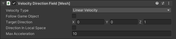 Screen shot of the Velocity Direction Field script options in the Inspector.