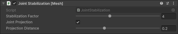 Screen shot of the Joint Stabilization script options in the Inspector.