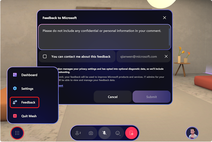 A screenshot of the Feedback menu in Mesh