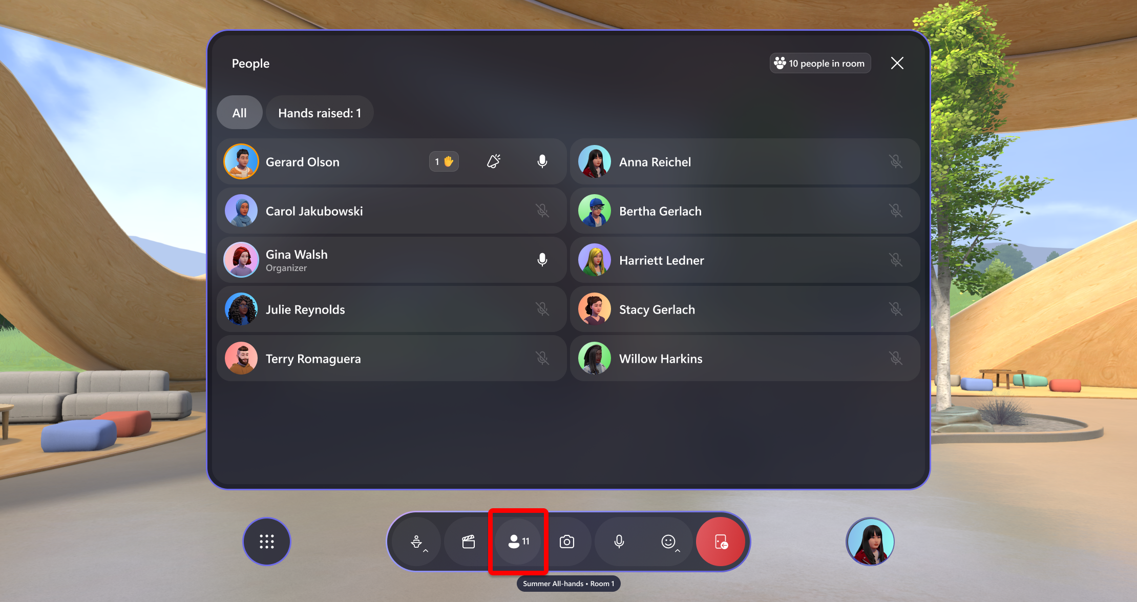 Screenshot of the Mesh app showing the people panel in a single room event.