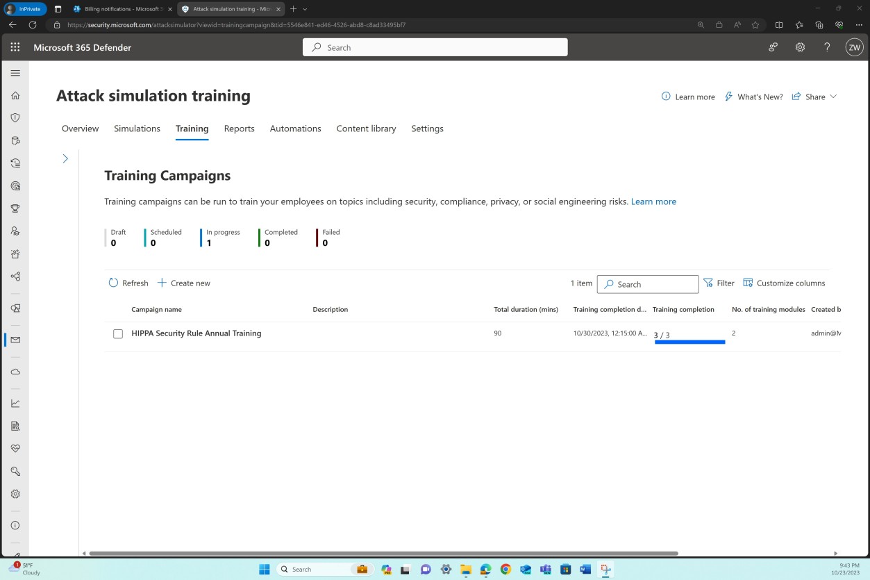 Microsoft 365 Defender training page.