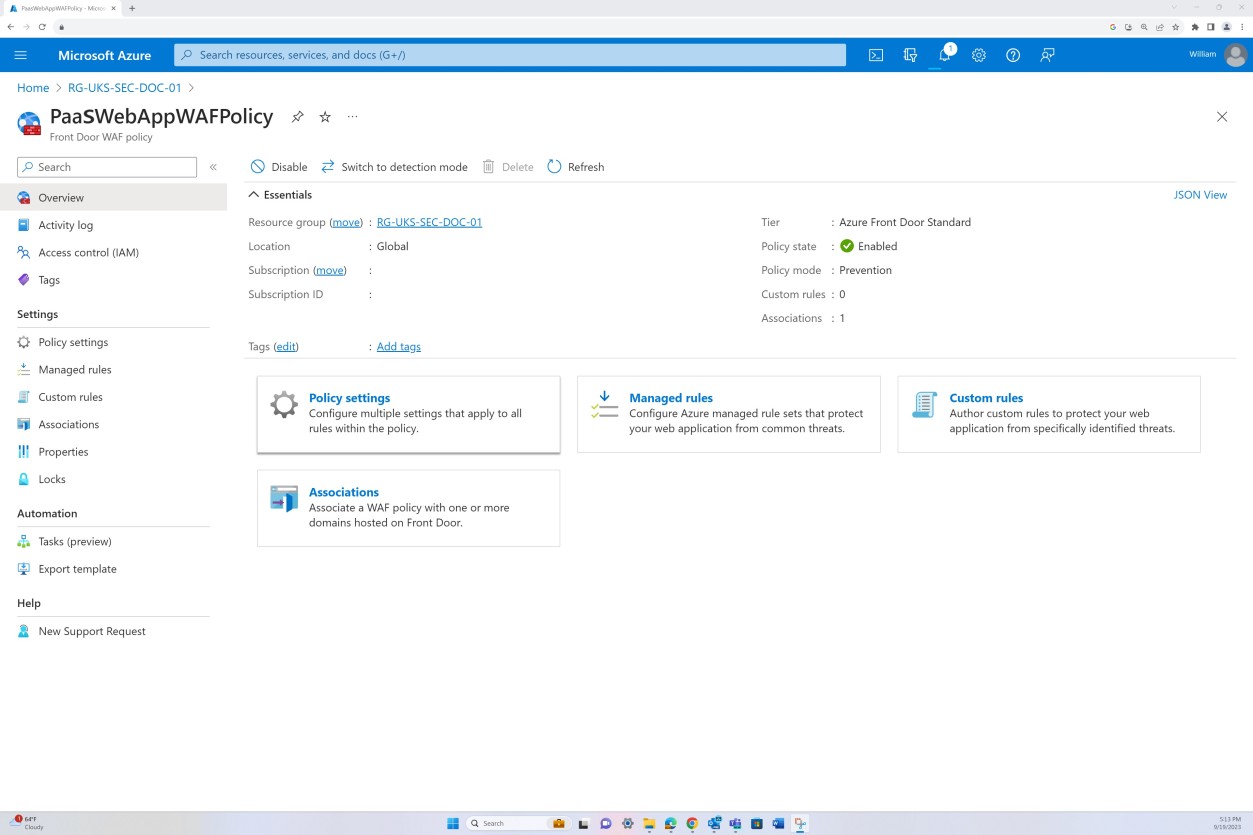 Azure Front Door WAF policy overview.