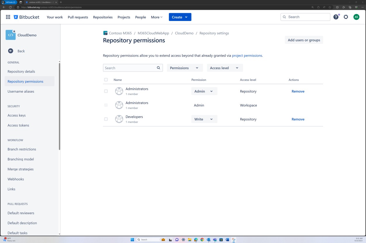 Bitbucket user groups settings.