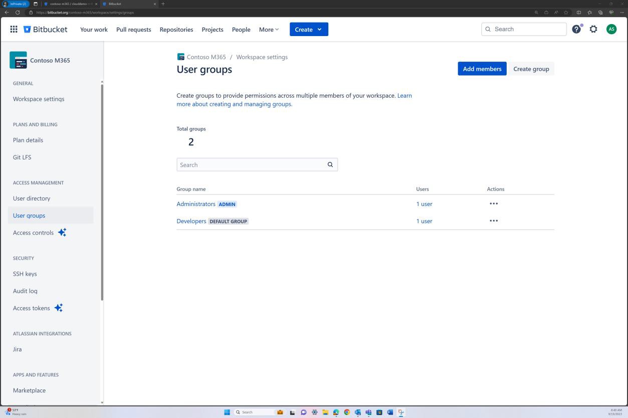 Bitbucket user groups settings.